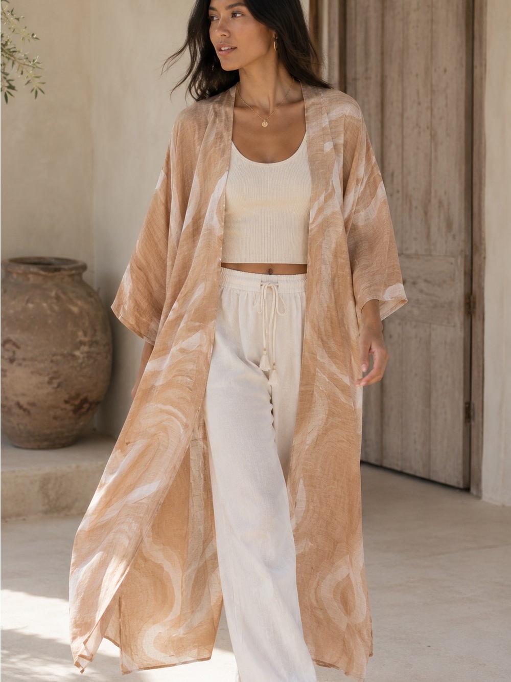 Vela Modal Linen Kimono Duster Beige L/XL Boho Resort Lagenlook Cover Up Summer